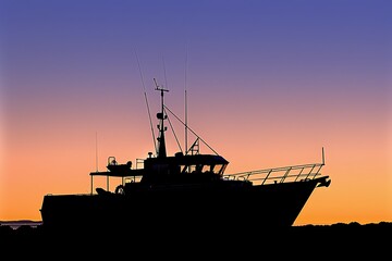 A large fishing boats silhouette is dramatically displayed against a vibrant sunset. The tranquil ocean scene showcases a peaceful evening atmosphere.
