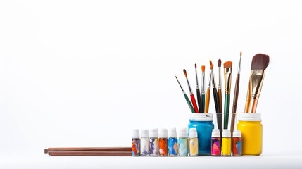 Assortment of art supplies including paintbrushes paints sketch pads and other creative tools arranged on a white background showcasing the tools of the trade for and hobbyists