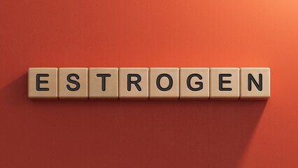 ESTROGEN word made with wooden blocks concept.close up of wooden elements,Business Concept.3D rendering on red background.