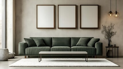 Fototapeta premium Modern living room interior design with green velvet sofa, three blank frames, and minimalist decor.