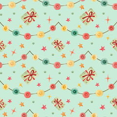  Watercolor party seamless pattern. Hand drawn vintage background with celebration objects: garland, stars, confetti, gifts, gift box.