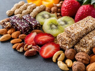 Colorful Assortment of Healthy Snacks Featuring Nuts, Fruits, and Energy Bars on a Dark Surface