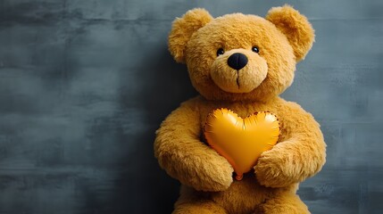 Cute teddy bear holding a yellow heart-shaped balloon against a gray background.
