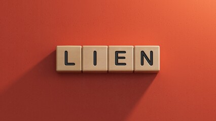 Four wooden cubes arranged in stack with word LIEN on them, space for text.close up of wooden elements,Business Concept.3D rendering on red background.