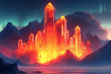 Mountain range with a large red crystal structure in the middle