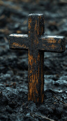 Burned Wooden Cross in Ash  Faith After Disaster