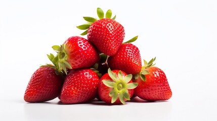 Close up View of a Stack of Freshly Harvested Strawberries with their Green Leafy Tops Arranged on a Simple White Background in a Minimalist Clean Composition