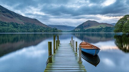 Fototapeta premium Serene Lake Scene With Wooden Dock And Rowboat