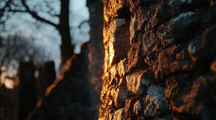 Golden Sunset Illuminates Ancient Stone Wall Ruins