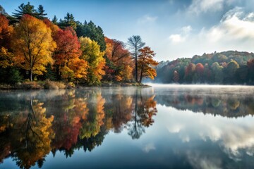 Obraz premium Misty autumn lake mirrors vibrant fall foliage, a scenic nature photograph capturing tranquil landscape beauty.