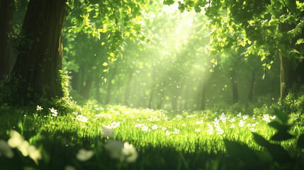 Obraz premium Lush green forest with sunlit flowers, serene natural beauty