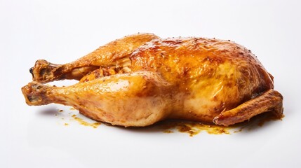 Succulent roasted chicken with a perfectly crisp and golden skin artfully presented on a clean white table surface showcasing the delectable flavors and textures of this classic and beloved dish