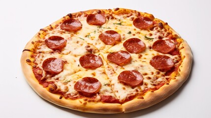 Delicious and classic pepperoni pizza with melted mozzarella cheese on a plain white background showcasing the savory and tempting Italian dish in a simple appetizing setting