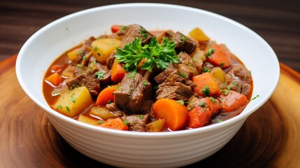 Hearty warming bowl of beef stew with tender chunks of meat assorted vegetables and a savory broth served on a plain white surface for a rustic comforting meal