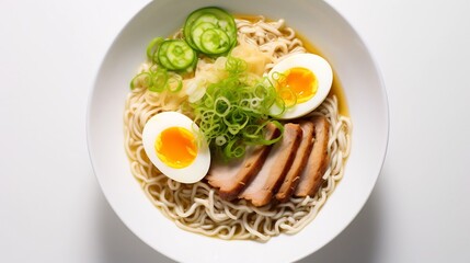 Delicious and Comforting Bowl of Freshly Prepared Japanese Ramen Noodles Topped with Tender Sliced Pork a Boiled Egg and Fresh Green Onions on a Minimalist White Background