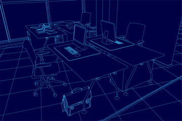 Blue drawing of a room with a desk and chairs. The chairs are empty and the desk has a laptop and a briefcase. The room appears to be a workspace or office