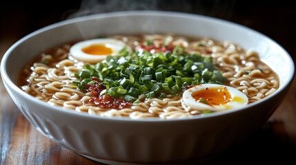 Steaming hot ramen noodle soup with soft boiled eggs and chopped scallions in a white bowl.
