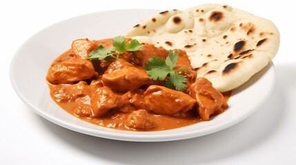 Mouthwatering Chicken Tikka Masala a popular Indian curry dish served with fragrant naan bread on a clean crisp white background