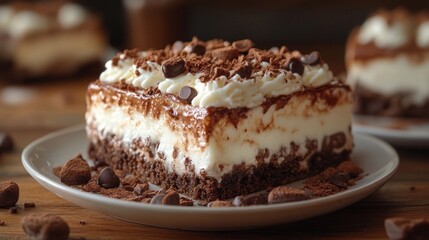 A slice of chocolate cake with whipped cream on a white plate