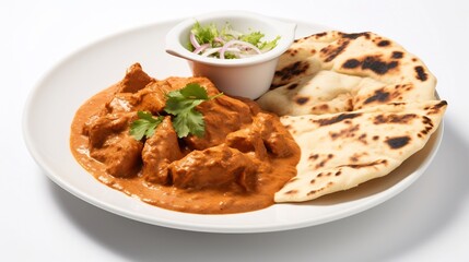 Mouth watering Chicken Tikka Masala Served with Fresh Naan Bread on a Clean White Background for a Delectable Indian Culinary Experience