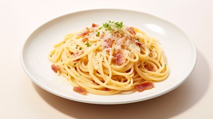 Closeup of a delectable plate of freshly made spaghetti carbonara topped with grated parmesan cheese on a clean white surface  The creamy savory dish is an authentic Italian culinary delight