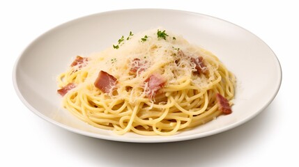 Delicious plate of homemade spaghetti carbonara covered in rich creamy parmesan cheese on a clean white background  This classic Italian pasta dish is a savory and satisfying culinary delight