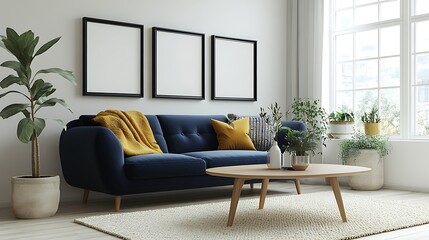 Modern living room interior design with blue sofa, wooden coffee table, plants, and blank frames.