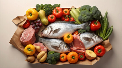 Grocery Shopping Concept Fresh Meat, Fish, Fruits, and Vegetables
