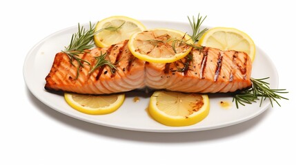 Grilled Salmon Fillet Served on White Background with Fresh Lemon Slices as Garnish   Healthy Nutritious Seafood Dish