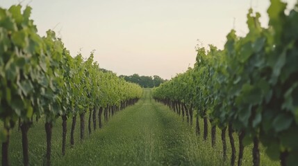 Naklejka premium Verdant Vineyard Rows Extending Towards A Distant Horizon
