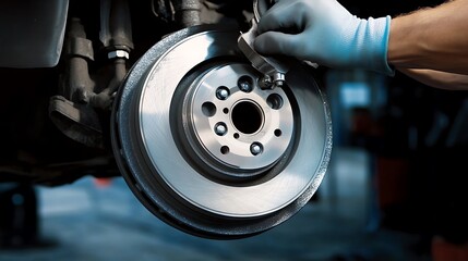 A mechanic inspecting car brake pads at a service station