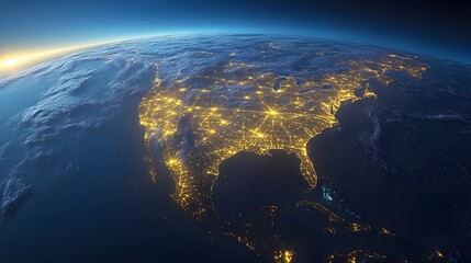 Fototapeta premium Night view of North America from space, showing city lights and cloud cover.