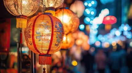 Illuminated Chinese lanterns hanging at night market.