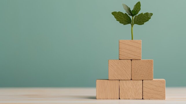 Growing success wooden blocks supporting plant growth indoor setting minimalist design