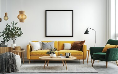 Modern living room interior with yellow sofa, green armchair, and blank frame.