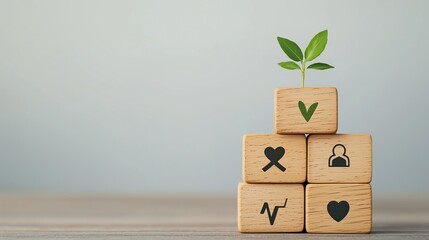 Growth and wellbeing concept with wooden blocks minimalist office space inspirational environment