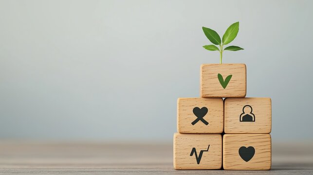 Growth and wellbeing concept with wooden blocks minimalist office space inspirational environment