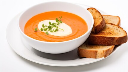 Creamy and inviting tomato bisque soup served in a white ceramic bowl accompanied by a fresh slice of bread on a plain white background