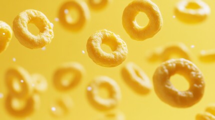 A bunch of yellow oat rings are flying through the air