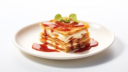 Delectable homemade lasagna dish featuring layers of pasta melted cheese and rich tomato sauce presented on a clean white surface for a classic mouthwatering culinary display