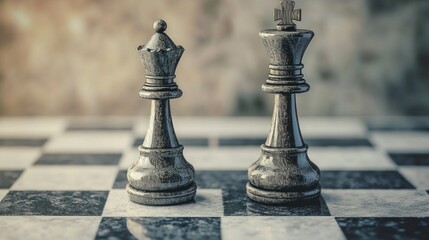 Two chess pieces, one of which is a king, are on a checkered board