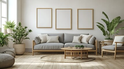 Modern minimalist living room interior design with gray sofa, wooden coffee table, plants, and three empty frames on the wall.