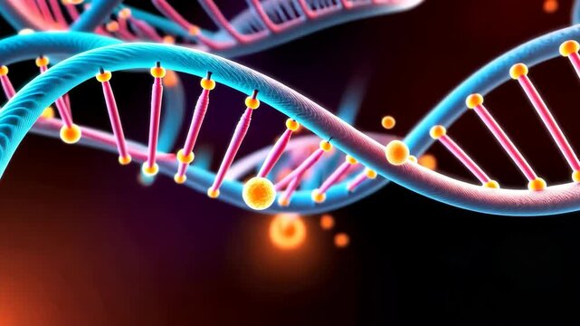 Video footage of detailed and colorful representation of a DNA double helix, highlighting the intricate structure and connections of genetic material