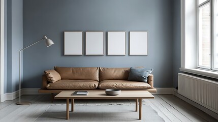 Modern living room interior with leather sofa, four blank frames, and wooden coffee table.