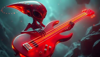 Fototapeta premium Alien Rocker: A Sci-Fi Bass Guitarist in Red