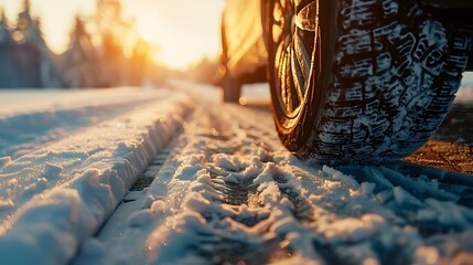 Car tires in the snow on a sunny winter day. Selective focus.