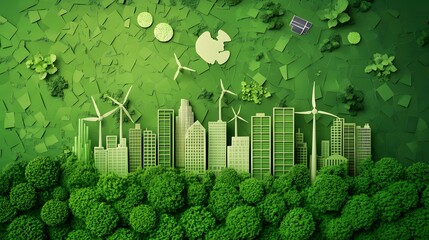 A green city with solar panels and wind turbines, symbolizing the positive impact of carbon credits on clean energy 
