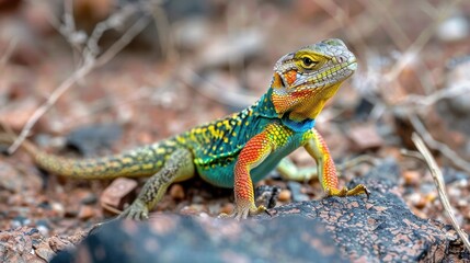 Naklejka premium Vibrant multicolored lizard on rocks.