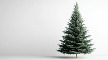 A large evergreen tree is standing in front of a white wall