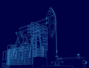 Blue drawing of a pump jack. The drawing is of a pump jack that is in the process of pumping oil. The drawing is very detailed and shows the different parts of the pump jack